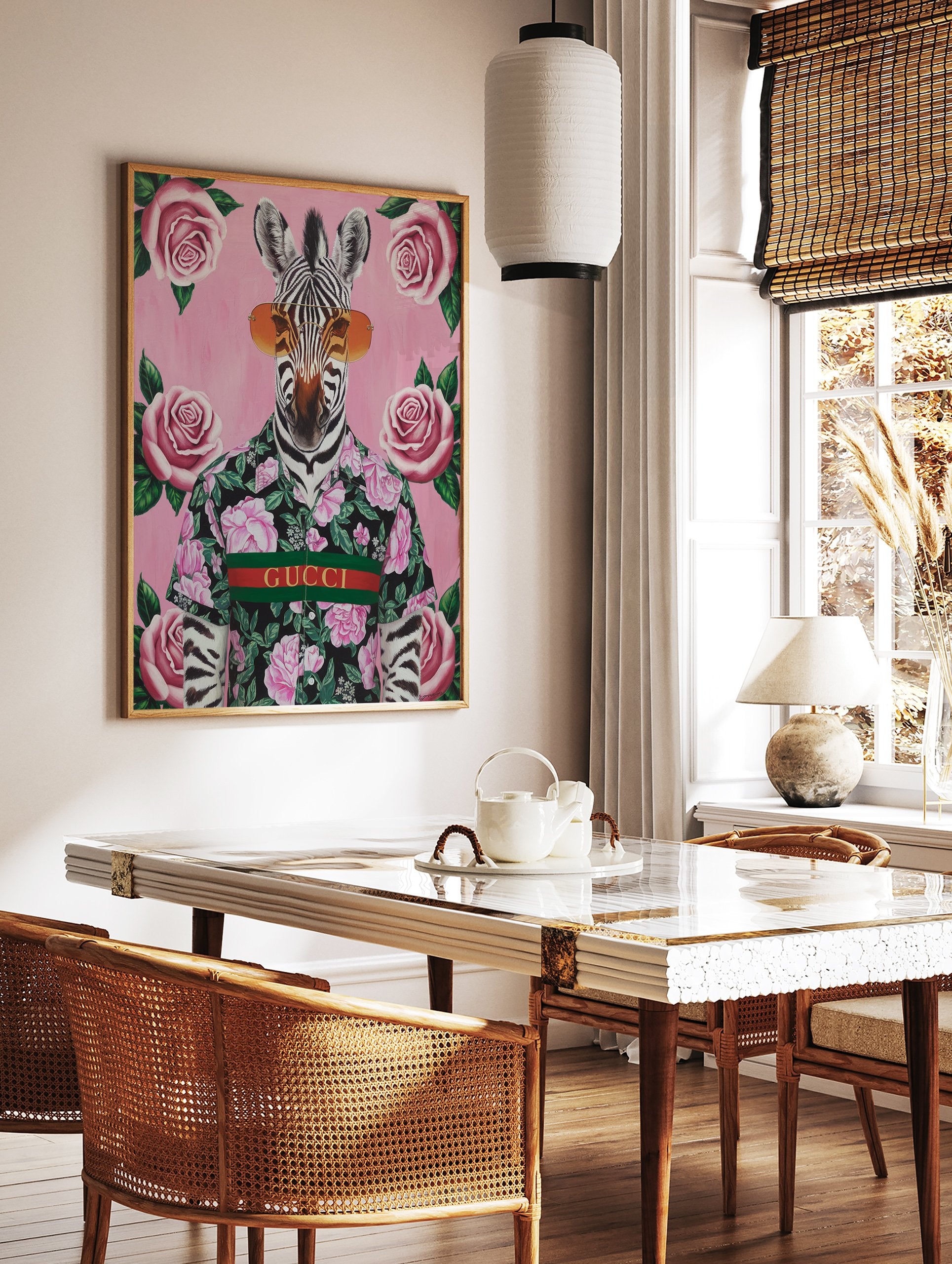 Zebra poster wearing sunglasses and a floral shirt with 'GUCCI' text, surrounded by pink roses on a pink background. - Image 2
