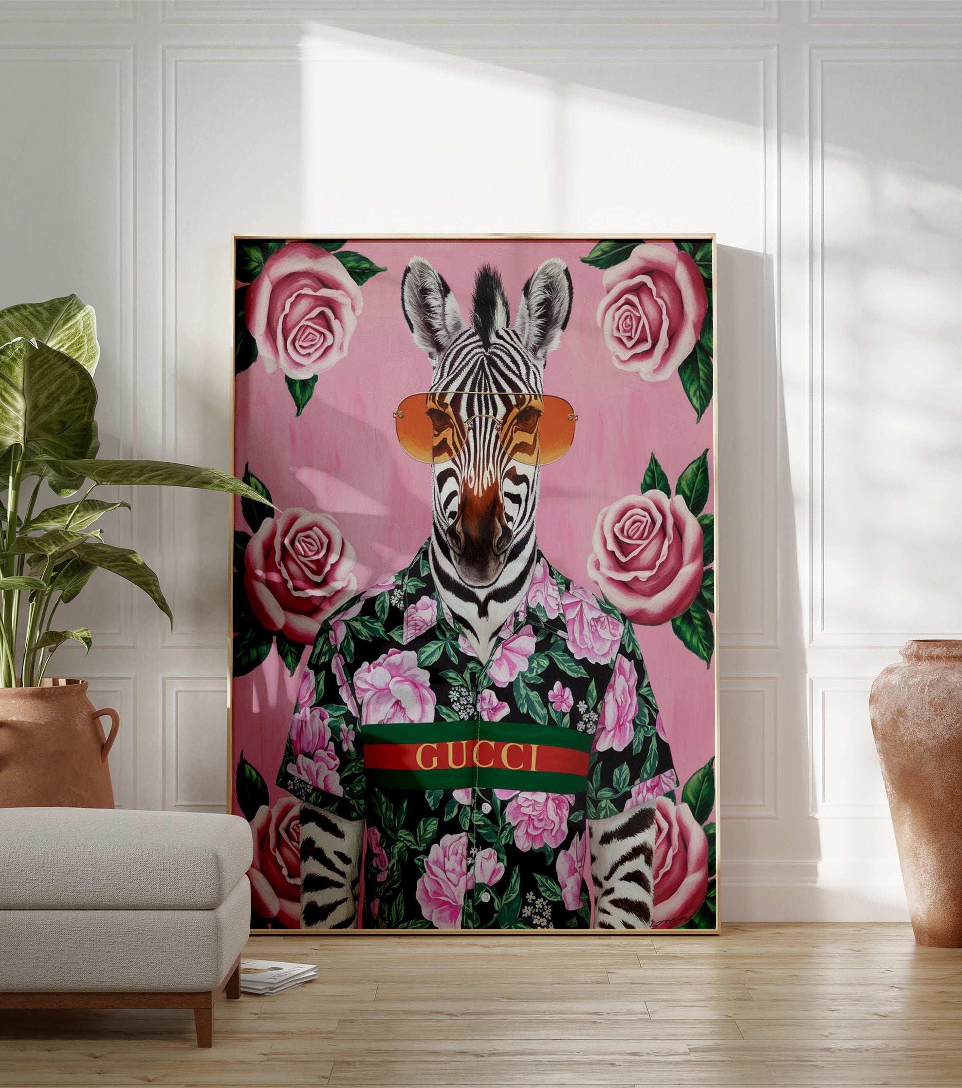 Zebra poster wearing sunglasses and a floral shirt with 'GUCCI' text, surrounded by pink roses on a pink background. - Image 3