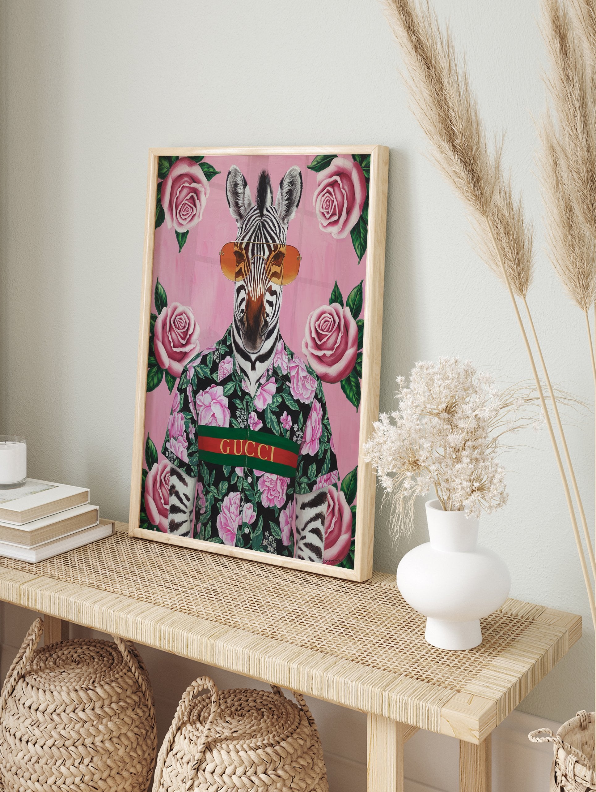 Zebra poster wearing sunglasses and a floral shirt with 'GUCCI' text, surrounded by pink roses on a pink background. - Image 4