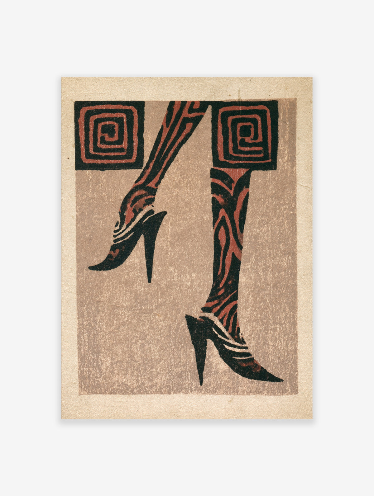 Zebra print legs in black high heels with red geometric squares on beige background art print