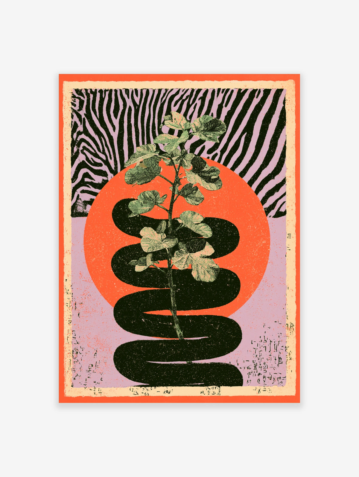 Surreal art print of a green plant growing from a black snake against a zebra pattern and orange circle