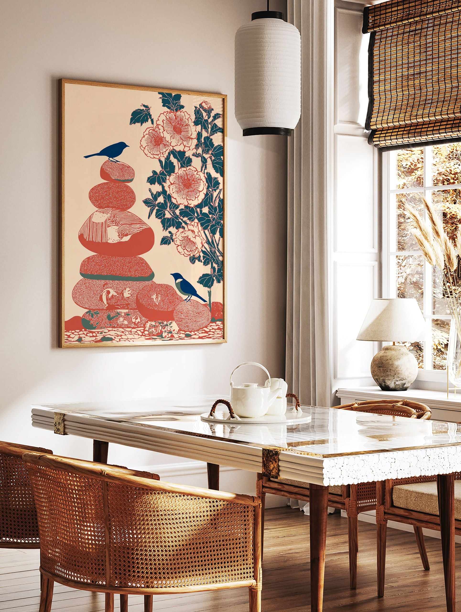 Zen bird and stone wall art print with two blue birds on stacked red stones and a branch of red flowers on peach background. - Image 2