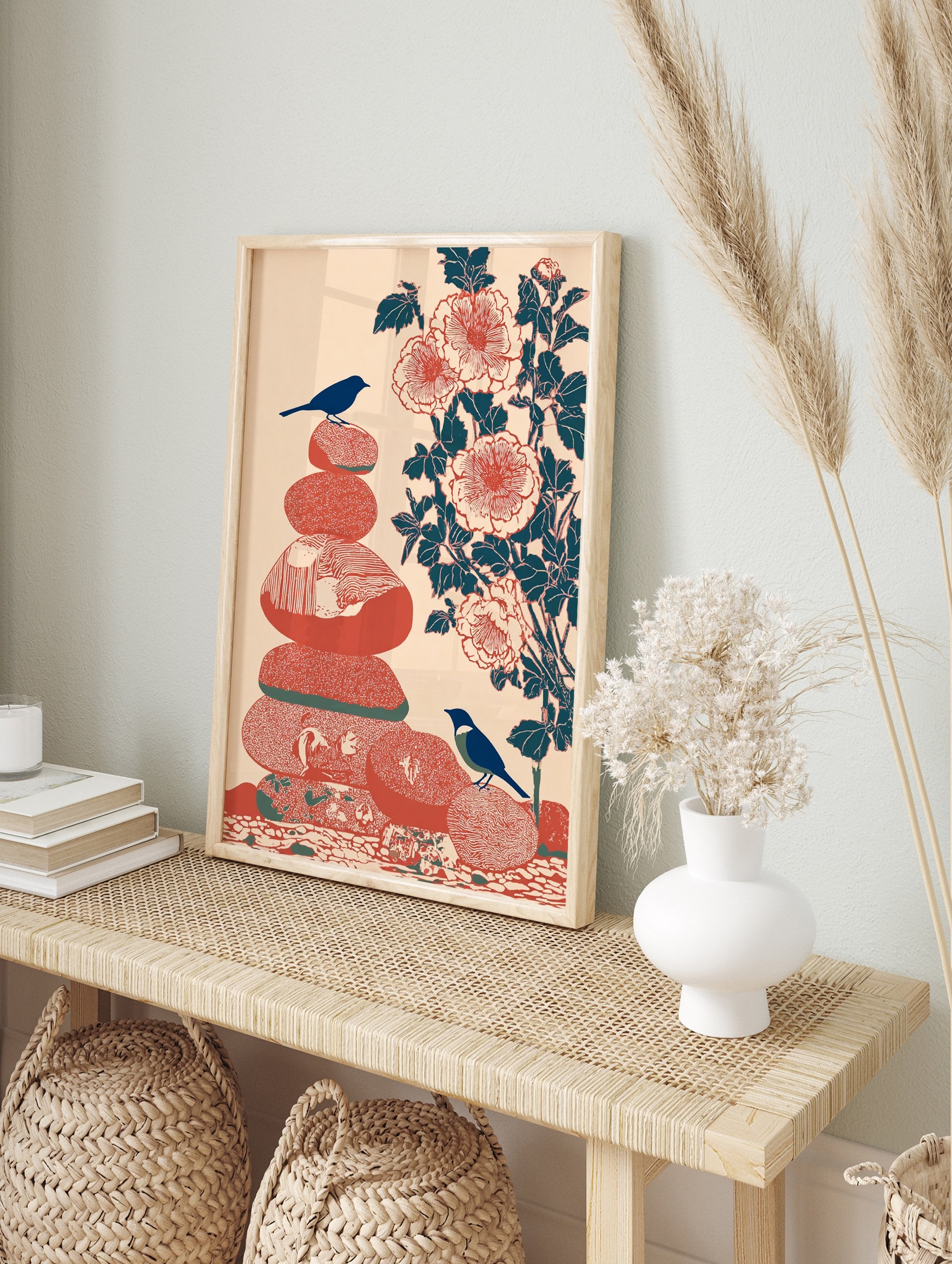 Zen bird and stone wall art print with two blue birds on stacked red stones and a branch of red flowers on peach background. - Image 3