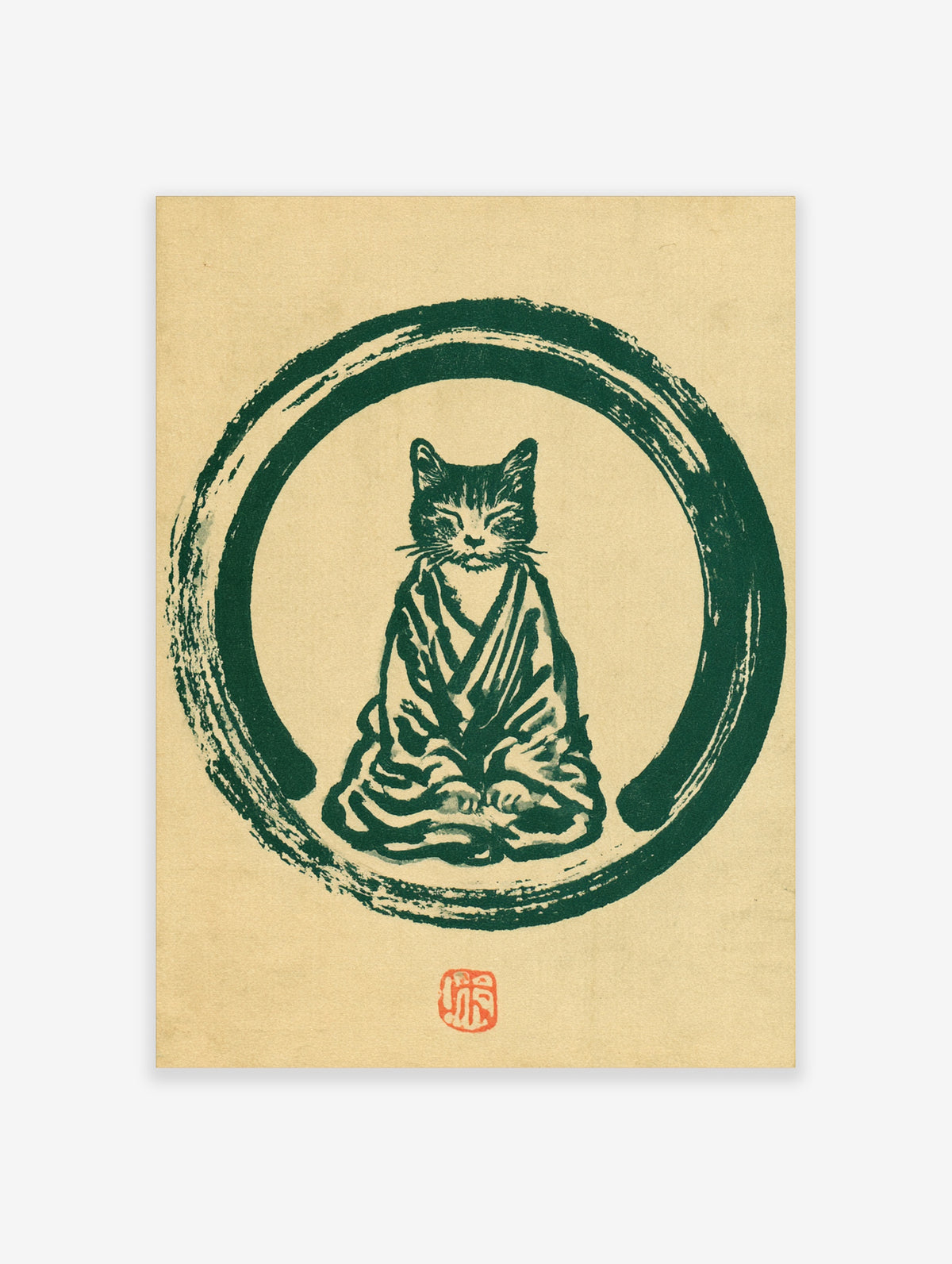 Zen cat poster with meditating cat in green ink circle on beige background