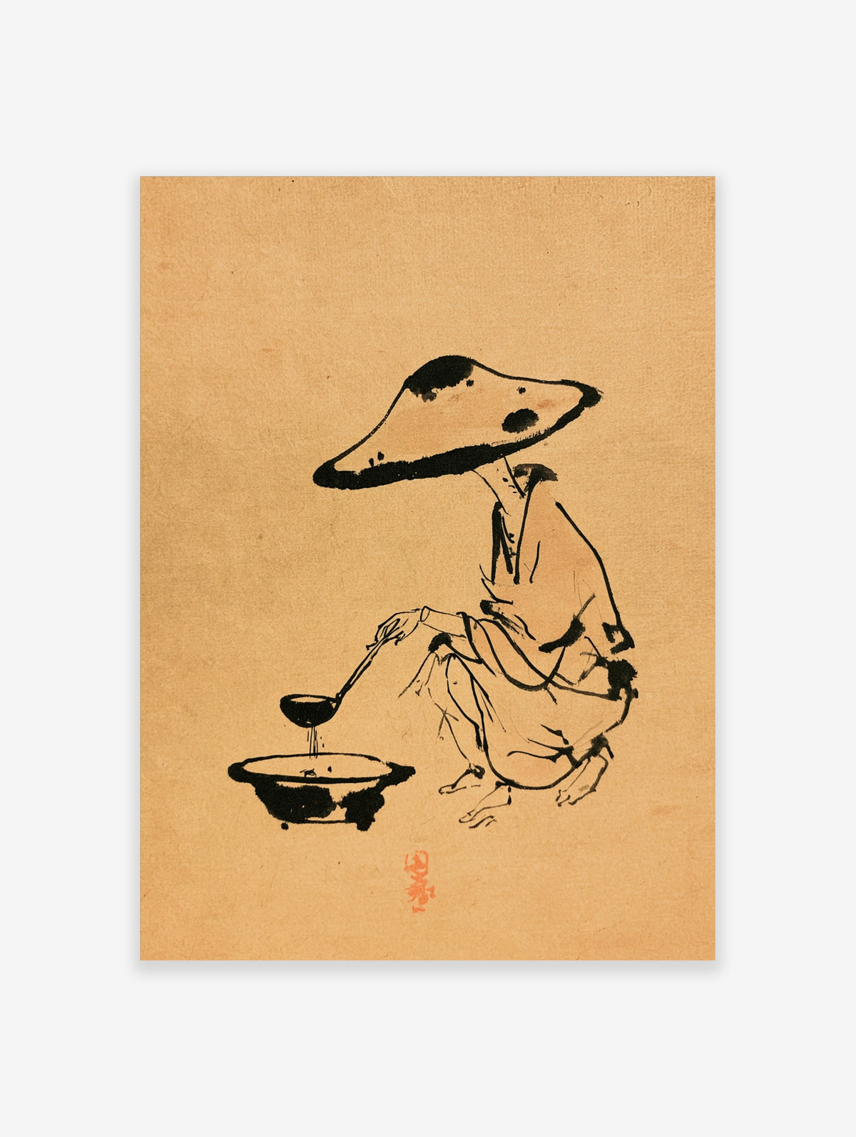 Japanese ink wash poster of a seated monk in a wide hat pouring from a ladle into a bowl