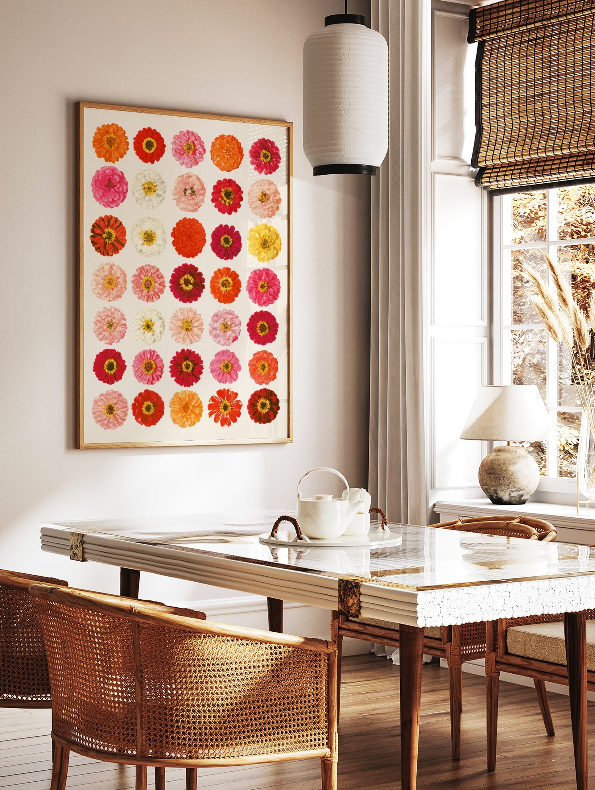 Botanical grid art print featuring thirty colourful zinnia flowers in red, orange, pink, and yellow, in a styled room mockup