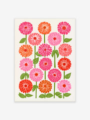 Botanical zinnia flower illustration in pink, orange, and red with green stems on a cream background