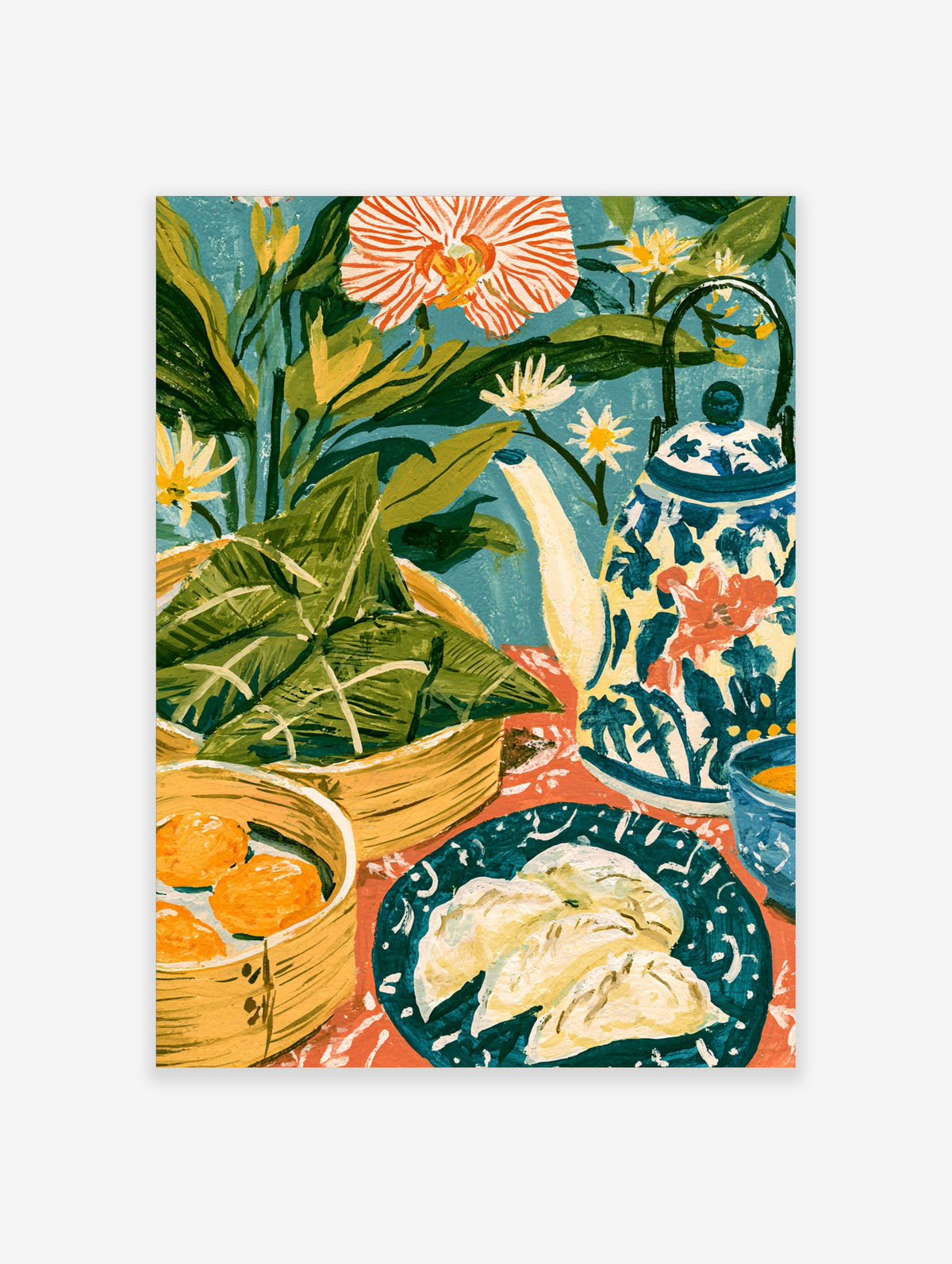 Colourful food print of zongzi, dumplings, teapot and flowers on teal background