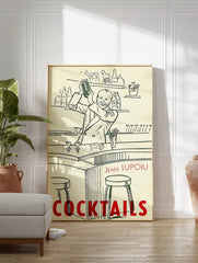 Vintage Cocktail Bar Poster, Happy Bartender Print