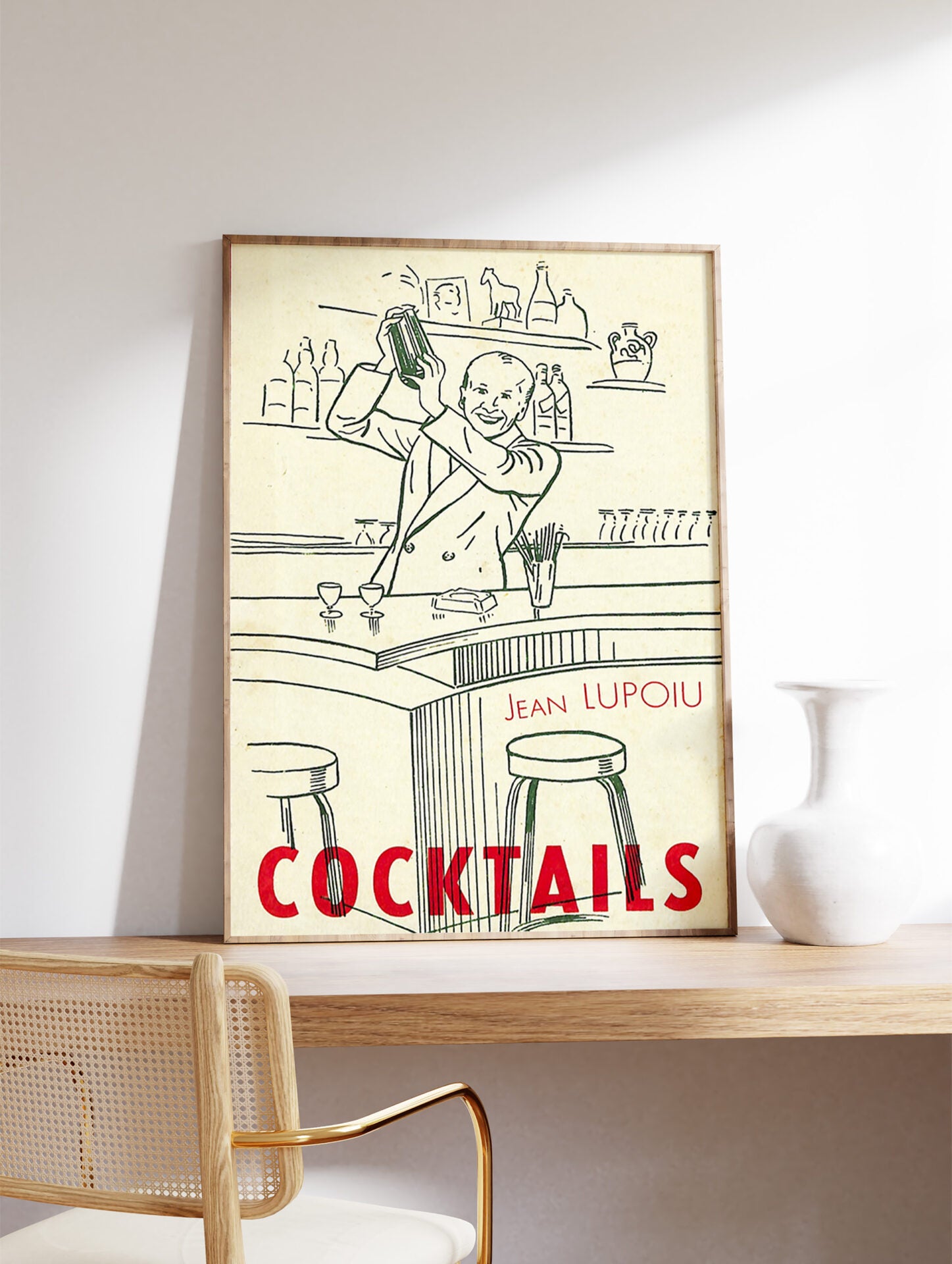 Vintage Cocktail Bar Poster, Happy Bartender Print