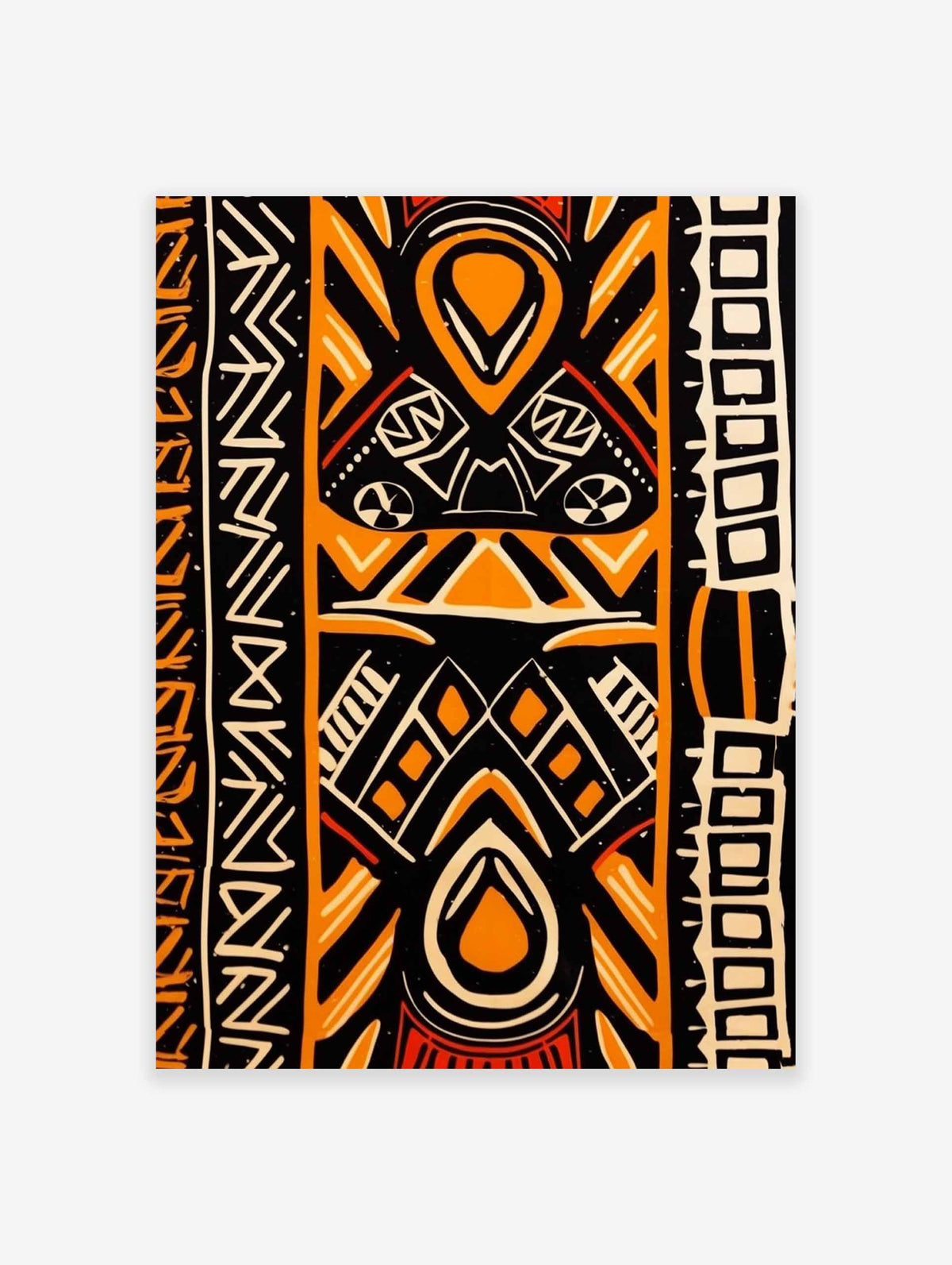 Vertical poster featuring a symmetrical African-inspired tribal pattern in black, orange, and white.