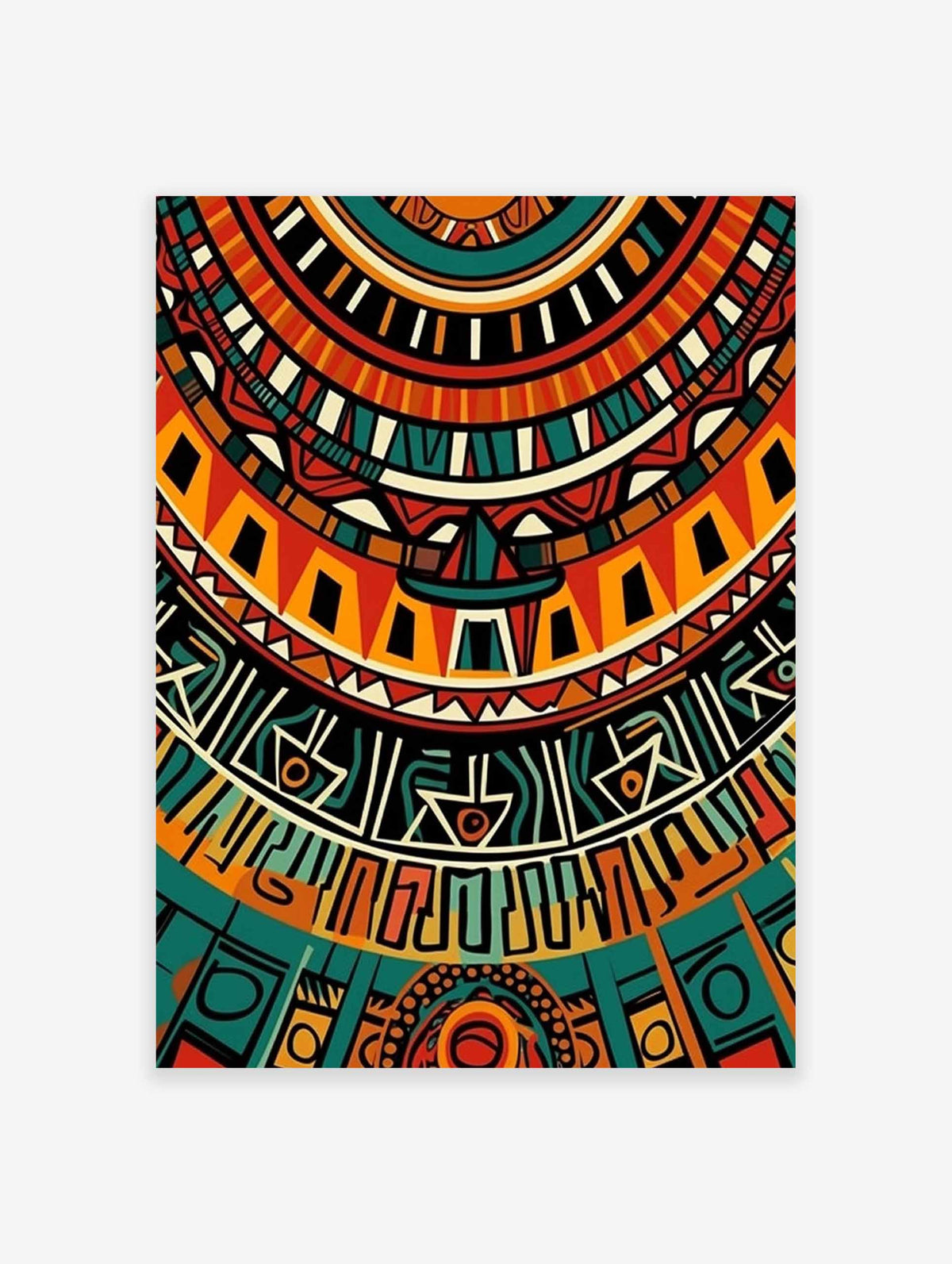 Abstract African-inspired art print featuring concentric semicircular patterns in vibrant orange, teal, and black.