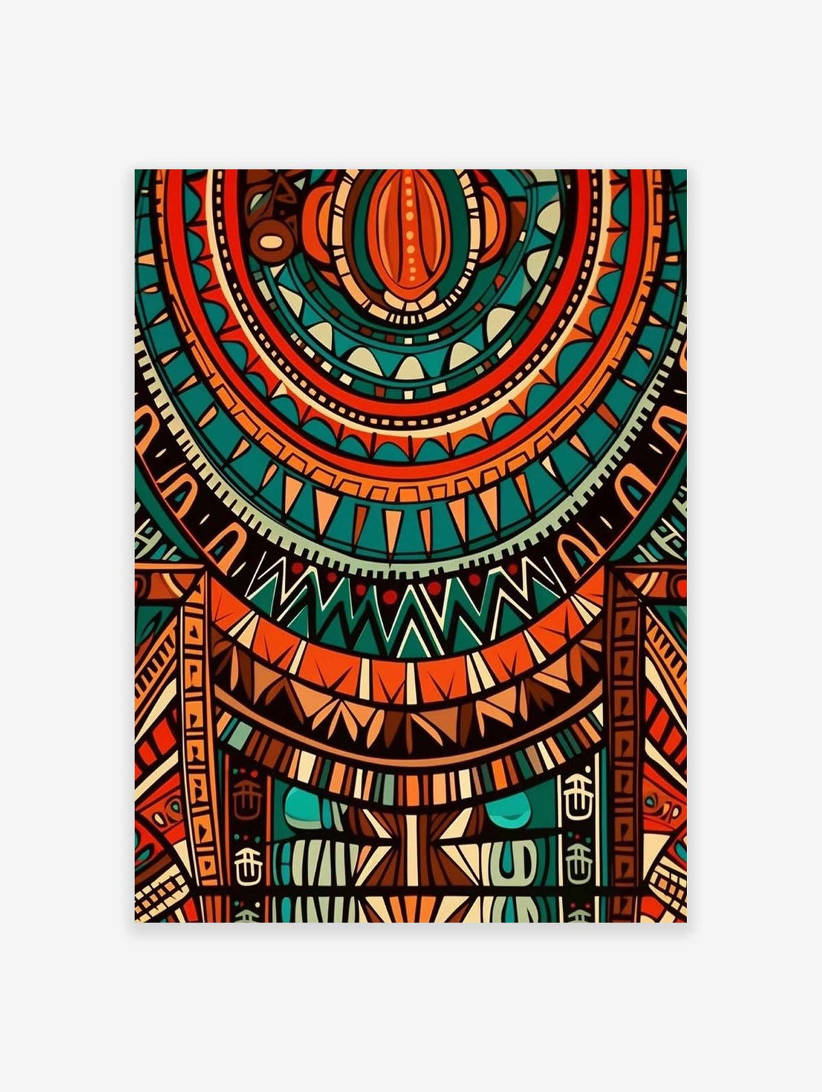 Abstract African-inspired wall art print with geometric patterns in orange, teal, and brown.
