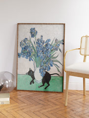 Irises Poster by Vincent Van Gogh with Black Cat, Van Gogh Cat Print