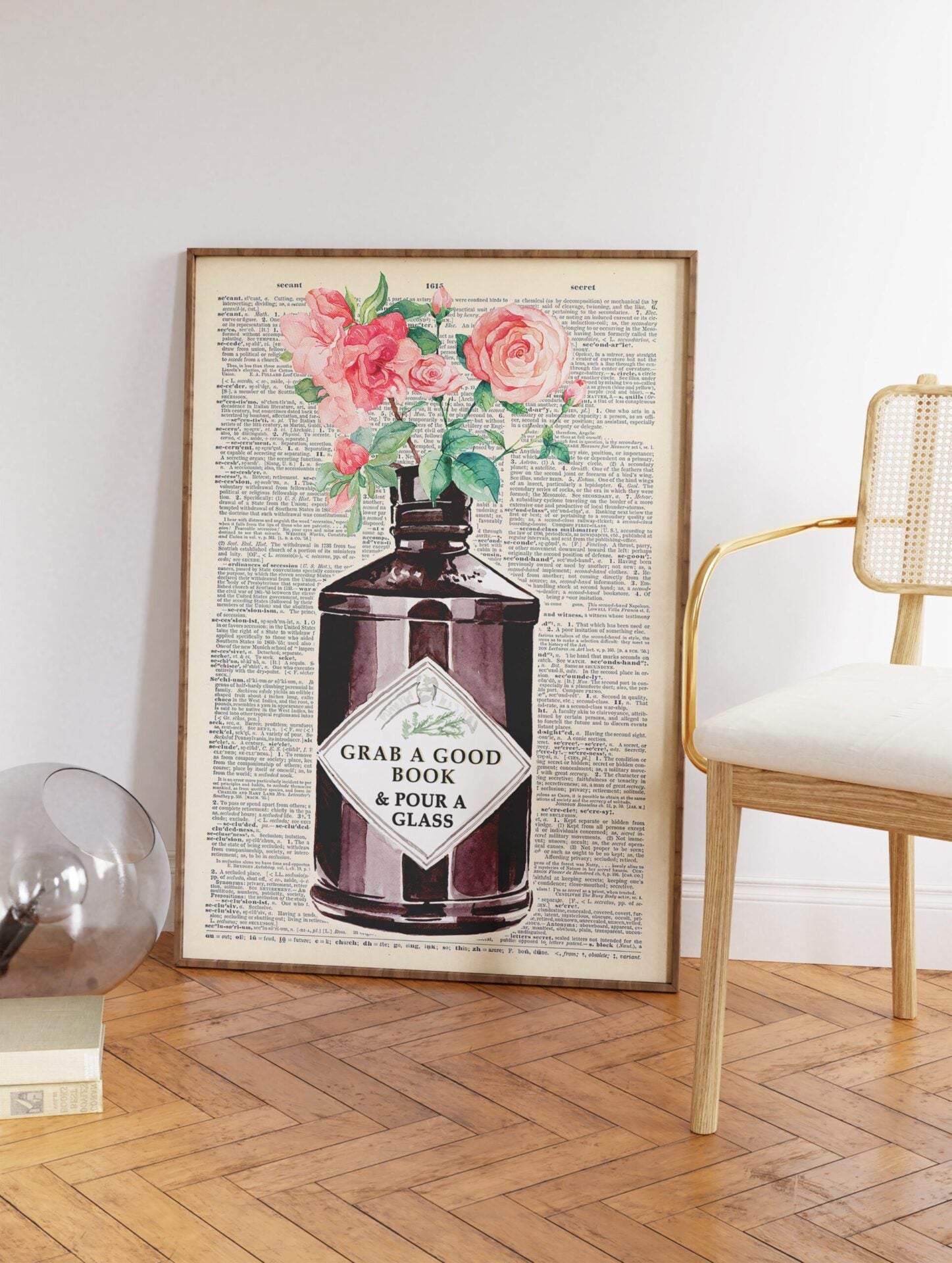 Vintage Gin Bottle Reading Poster, Floral Print