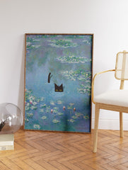 Waterlilies with Cat Poster by Claude Monet, Funny Black Cat Print