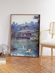 Kinkakuji Temple by Yoshida Hiroshi with Cat Poster, Funny Cat Print