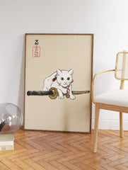 Japanese White Cat and Katana Poster, Japanese Cat Print