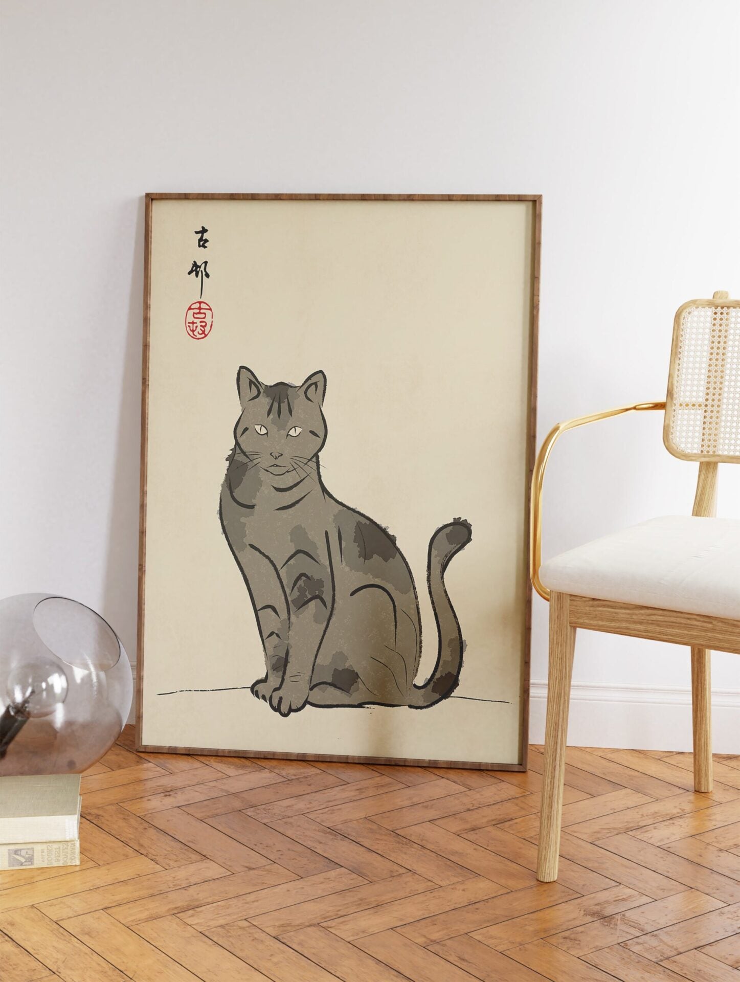 Japanese Grey Cat Poster, Japanese Animal Print