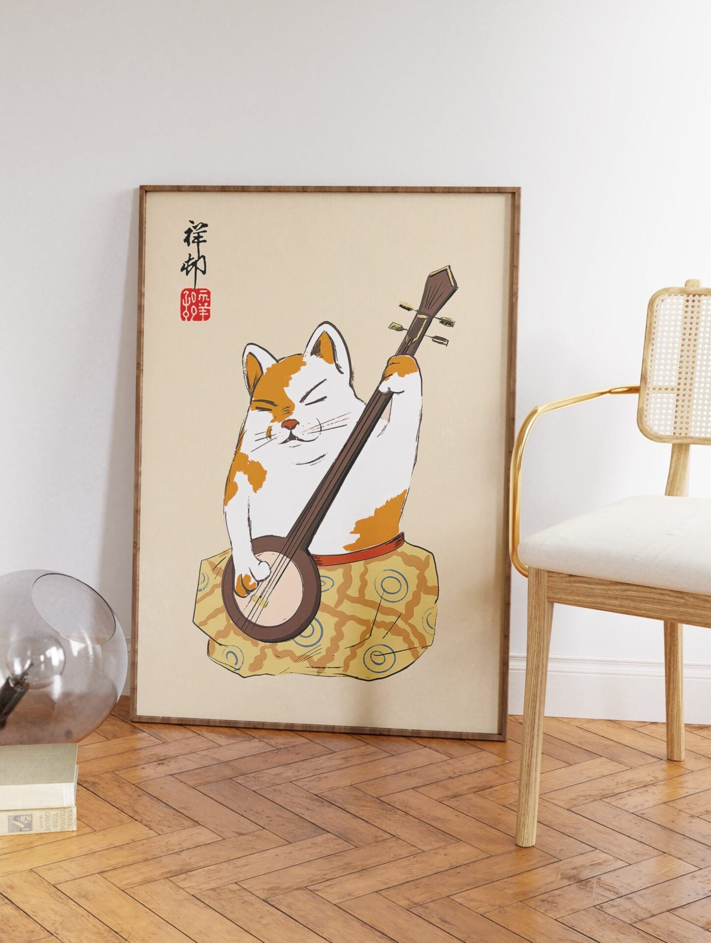 Japanese Cat Poster, Cat Playing a Shamisen Japanese Print