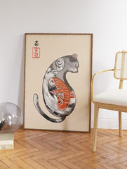 Japanese Cat & Goldfish Poster, Japanese Animal Print