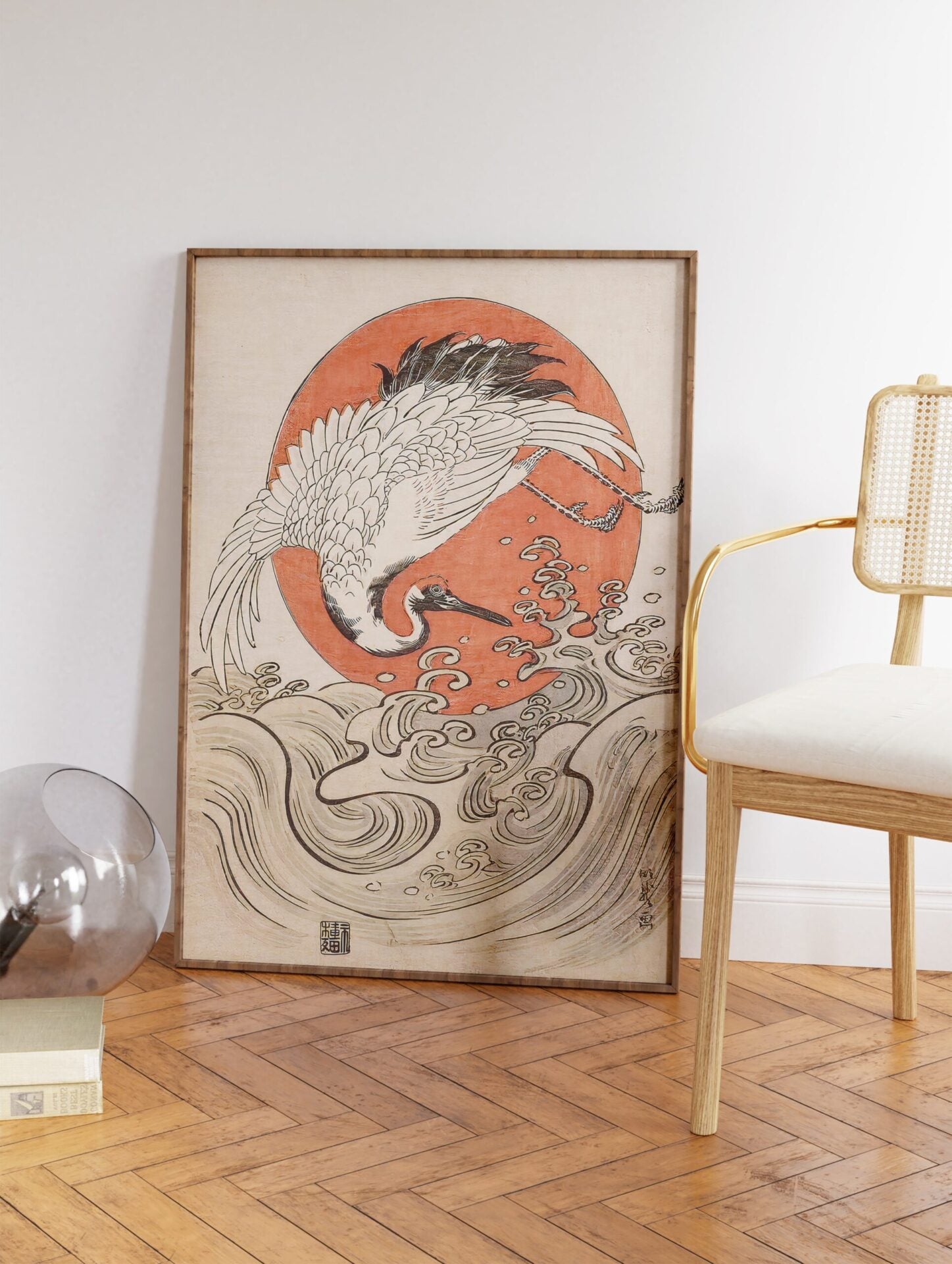 Crane, Waves and Rising Sun Poster by Isoda Koryusai, Isoda Koryusai Print