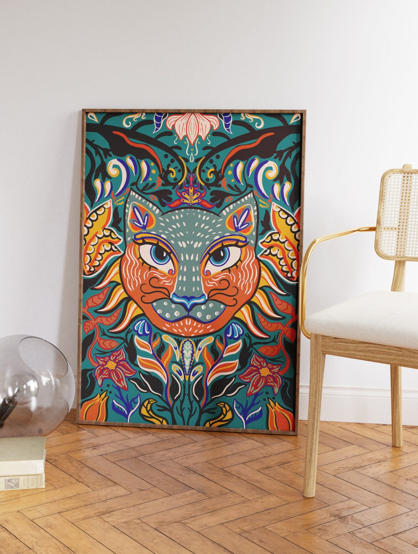 Mexican Floral Cat Poster, Mexican Animal Print