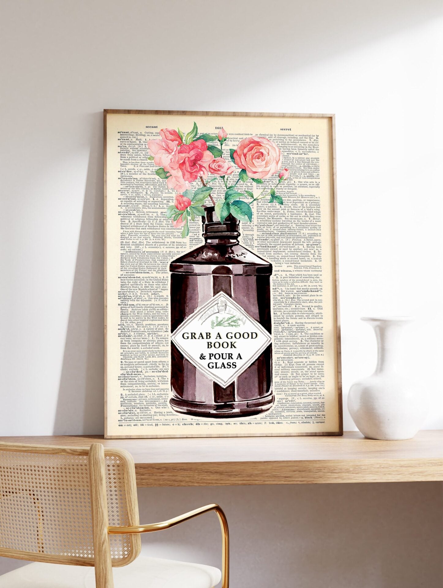 Vintage Gin Bottle Reading Poster, Floral Print