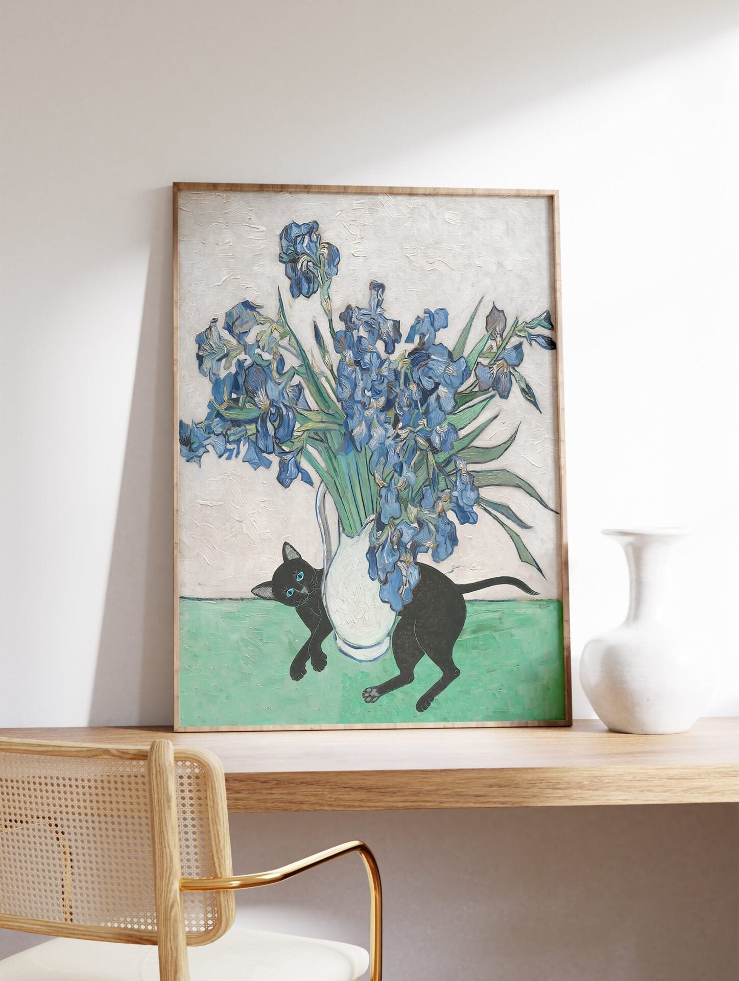 Irises Poster by Vincent Van Gogh with Black Cat, Van Gogh Cat Print