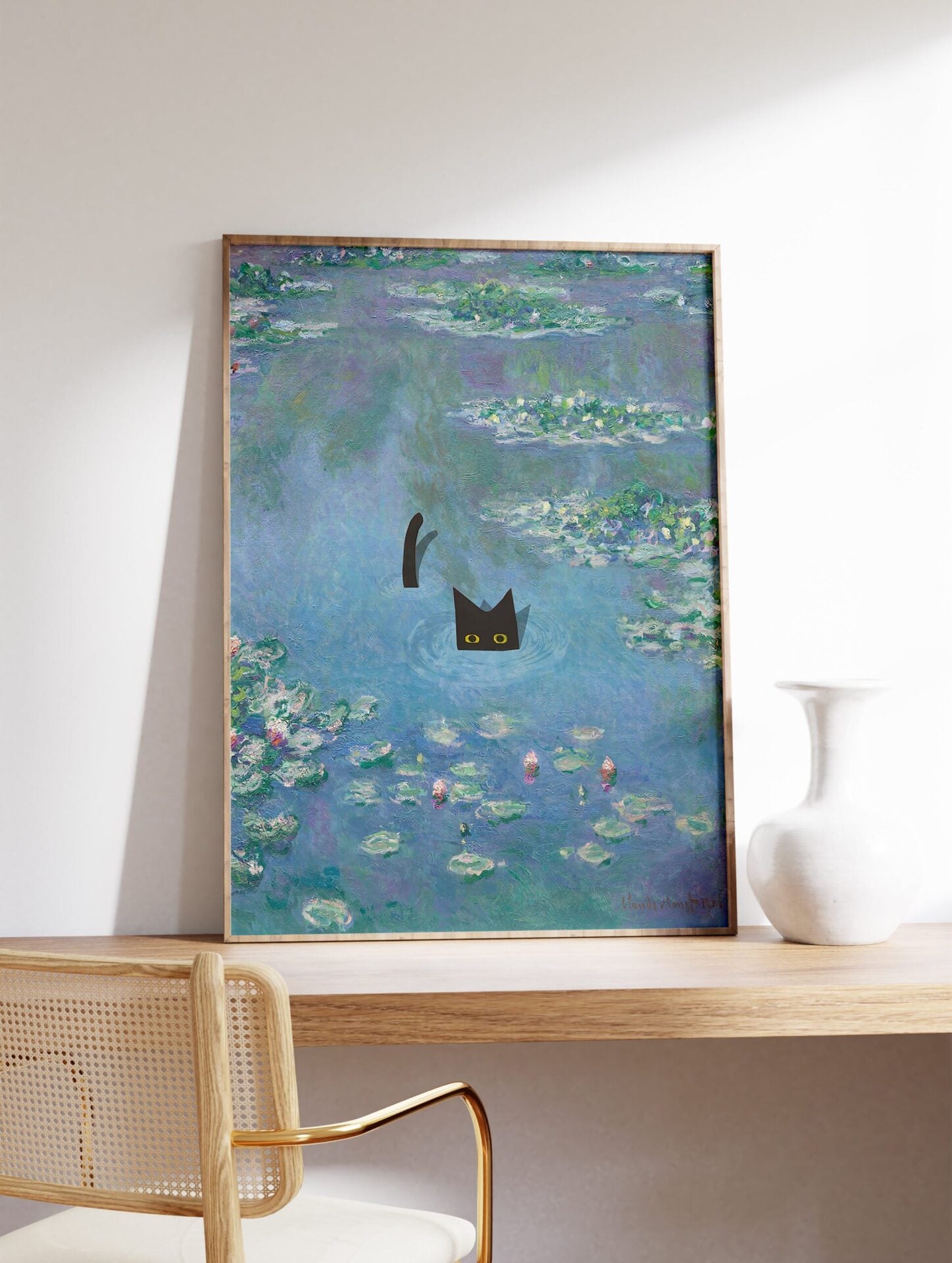 Waterlilies with Cat Poster by Claude Monet, Funny Black Cat Print