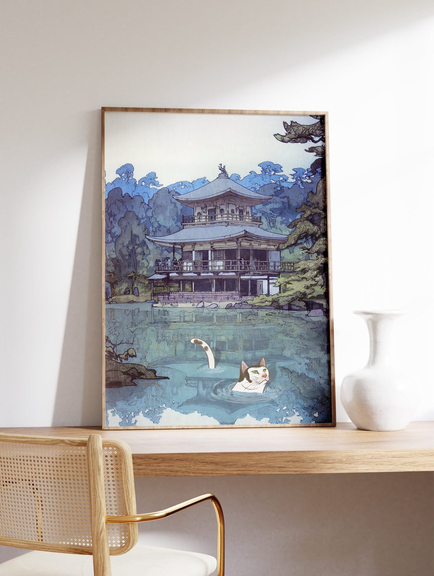 Kinkakuji Temple by Yoshida Hiroshi with Cat Poster, Funny Cat Print