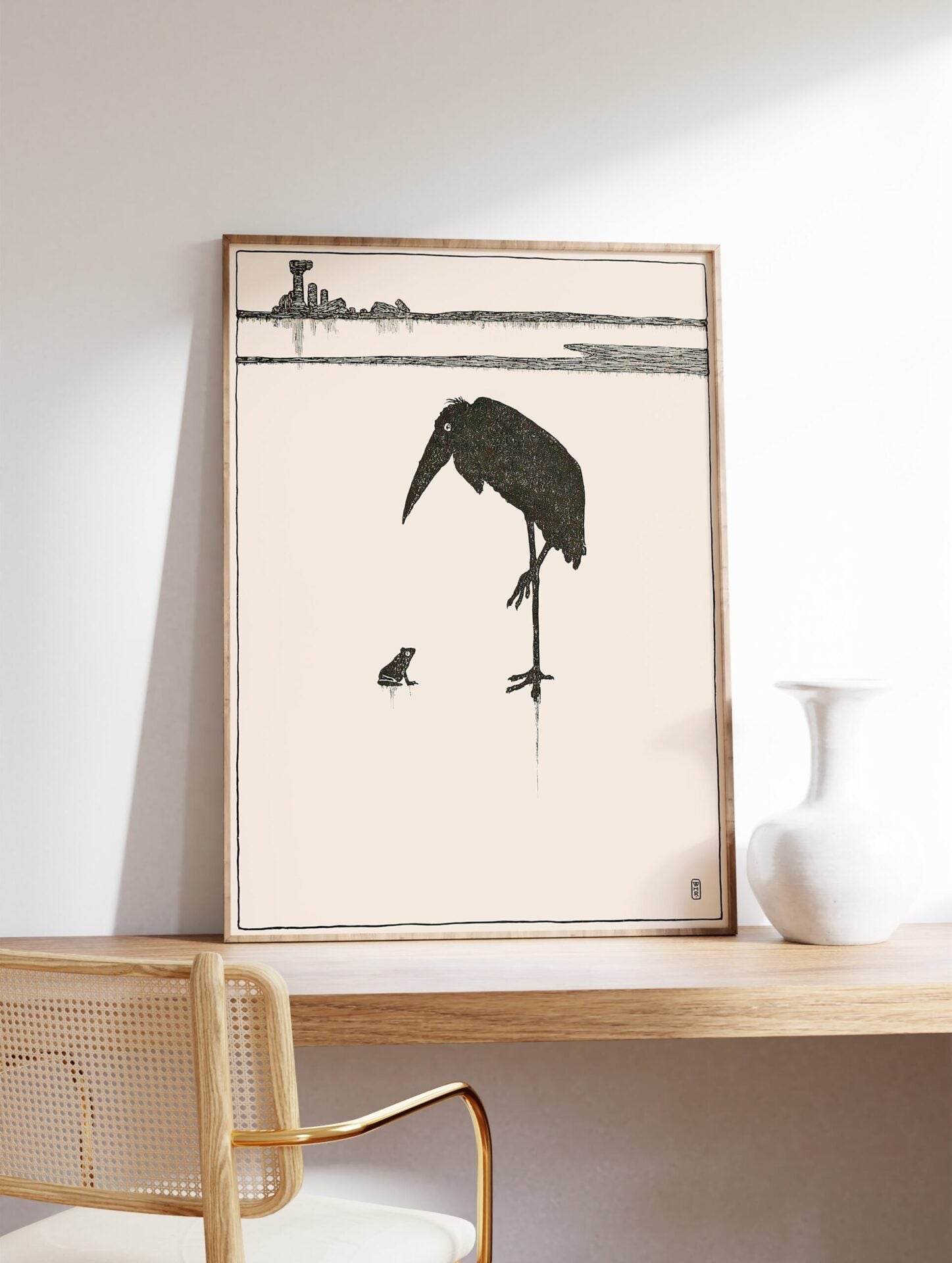 Japanese Stork and Frog Poster, Japanese Frog Print