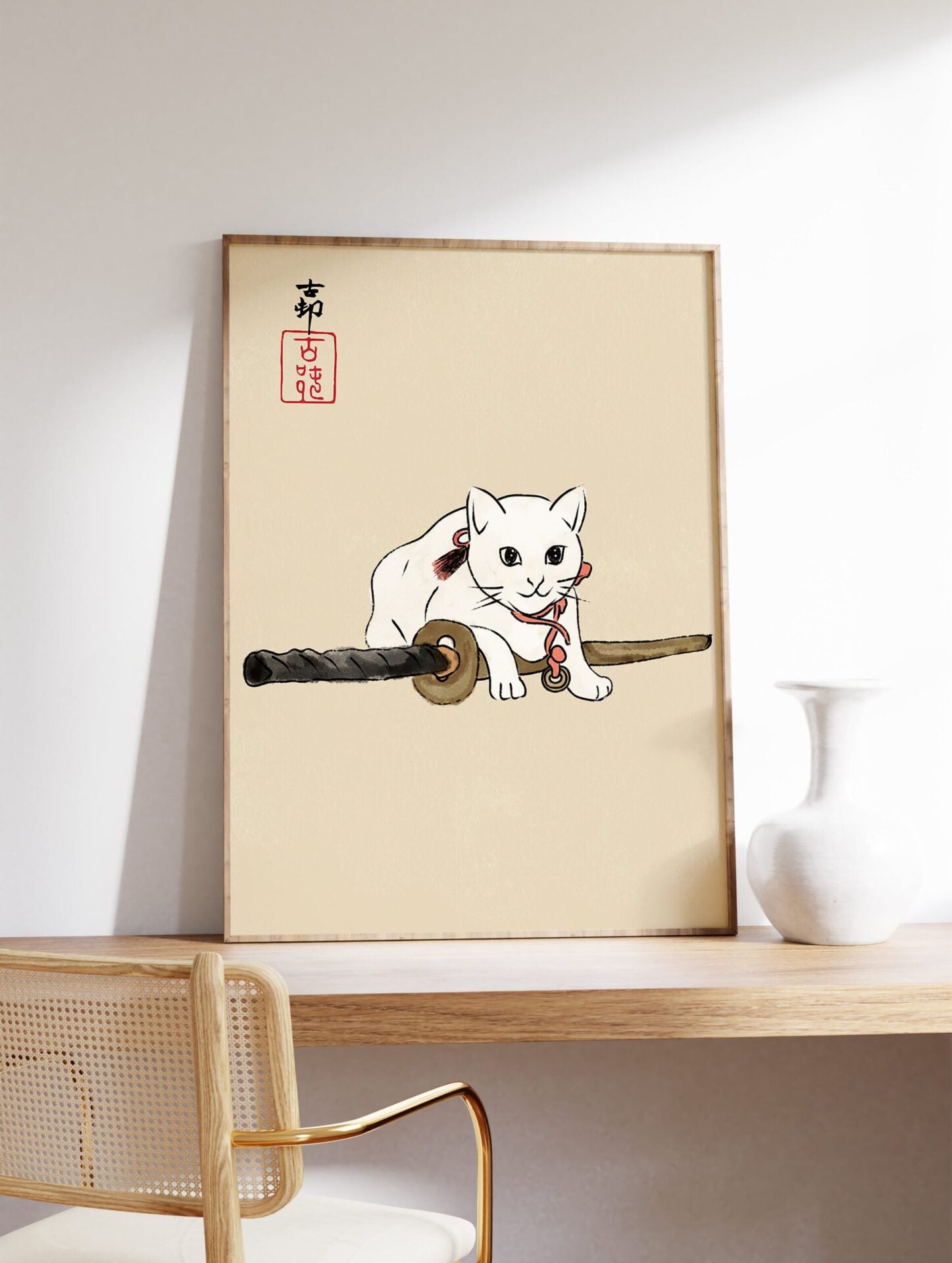 Japanese White Cat and Katana Poster, Japanese Cat Print