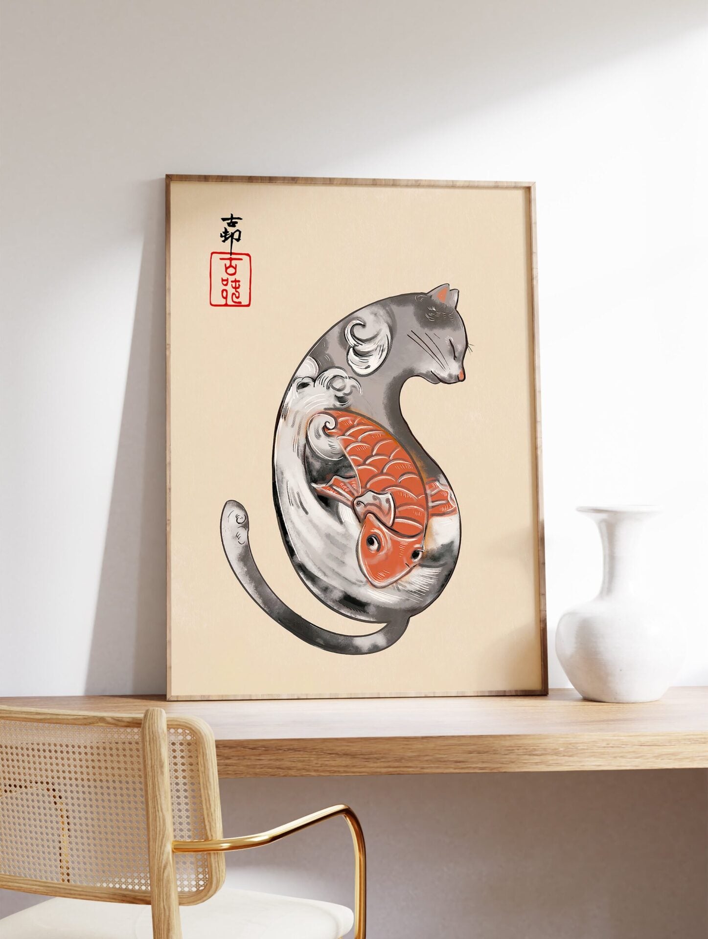 Japanese Cat & Goldfish Poster, Japanese Animal Print