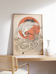 Crane, Waves and Rising Sun Poster by Isoda Koryusai, Isoda Koryusai Print