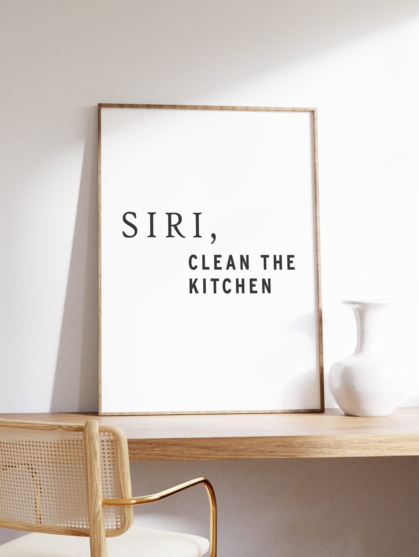 Siri Clean the Kitchen Quote Poster, Black and White Typography Print