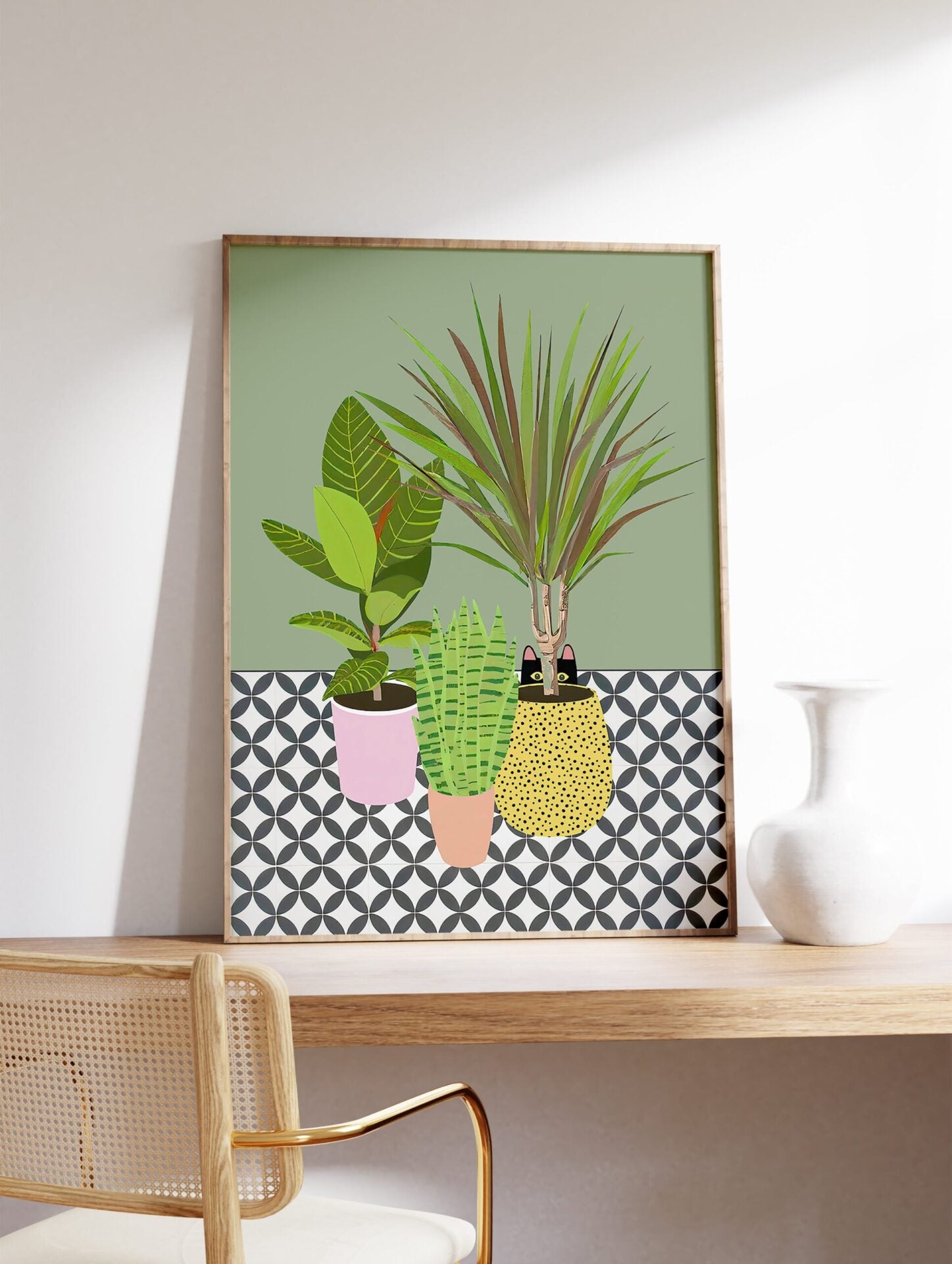 Hiding Black Cat Poster, Plant Pot Print