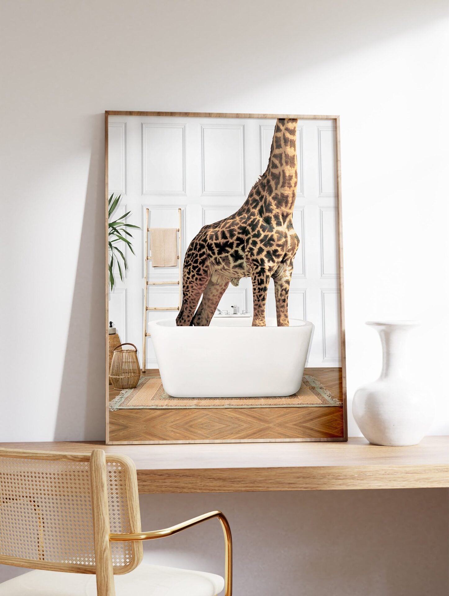 Giraffe in the Bathtub Poster, Giraffe Print