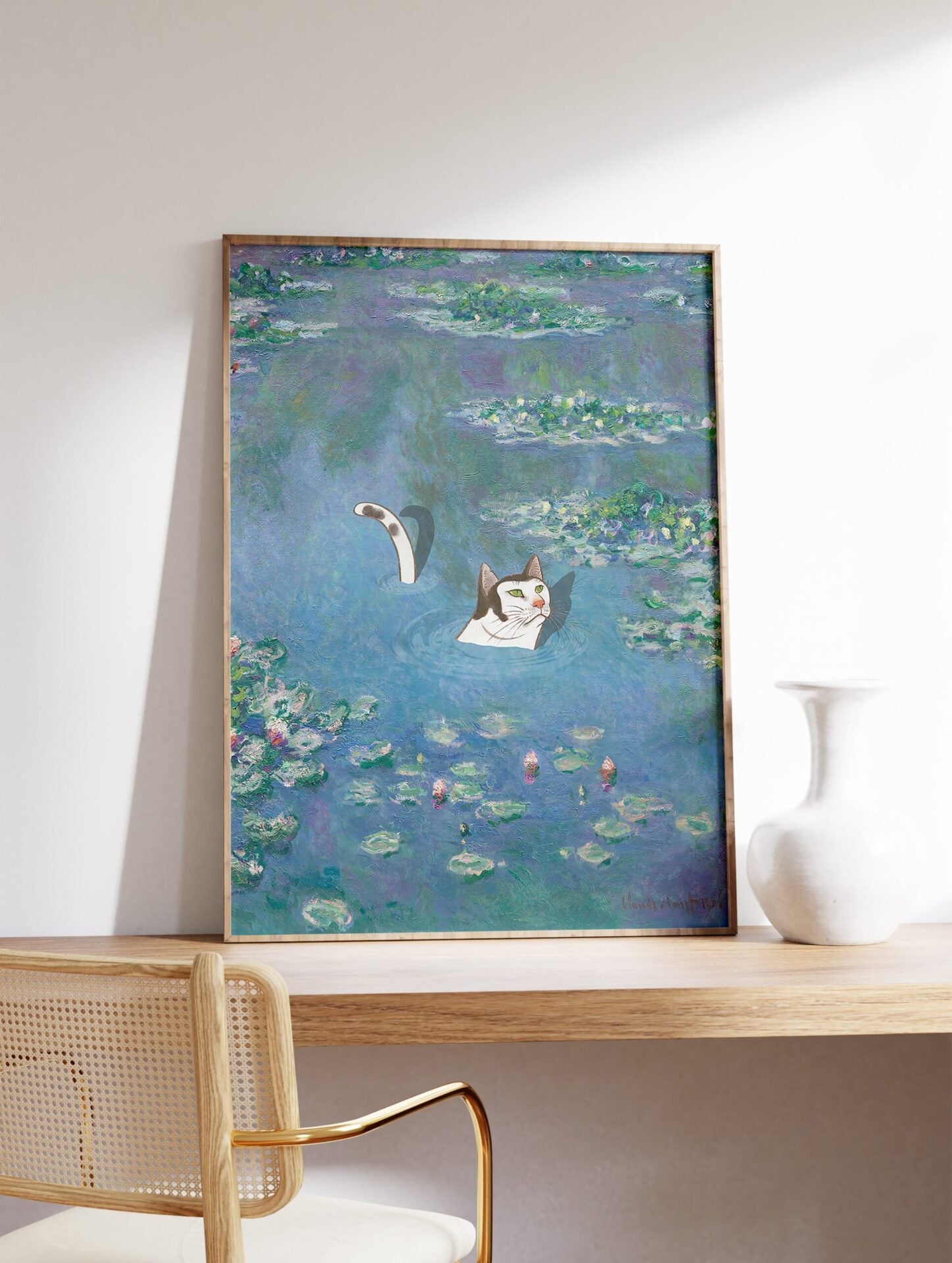 Waterlilies with Cat Poster by Claude Monet, Funny Cat Print