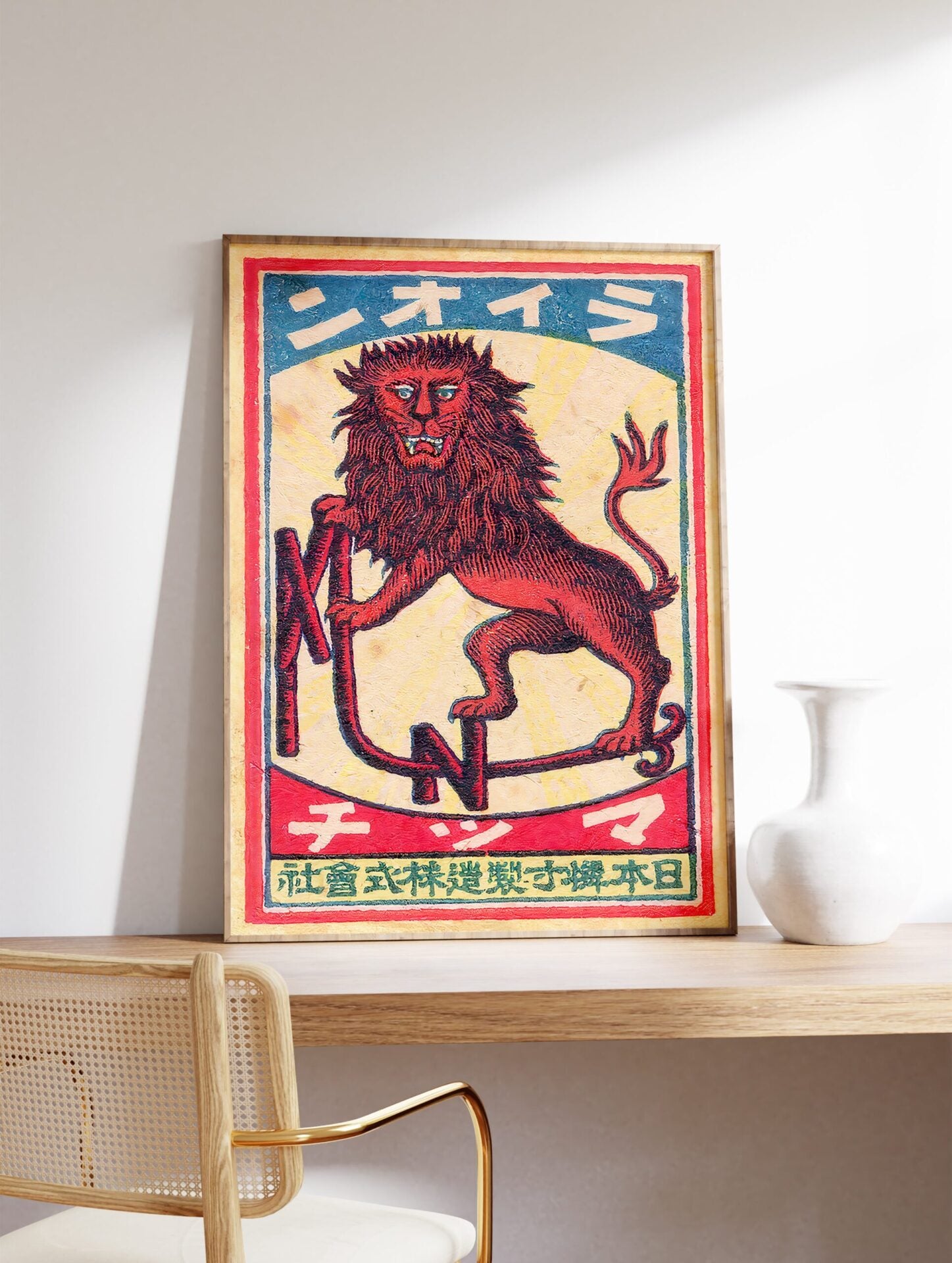 Japanese Red Lion Poster, Japanese Matchbox Print