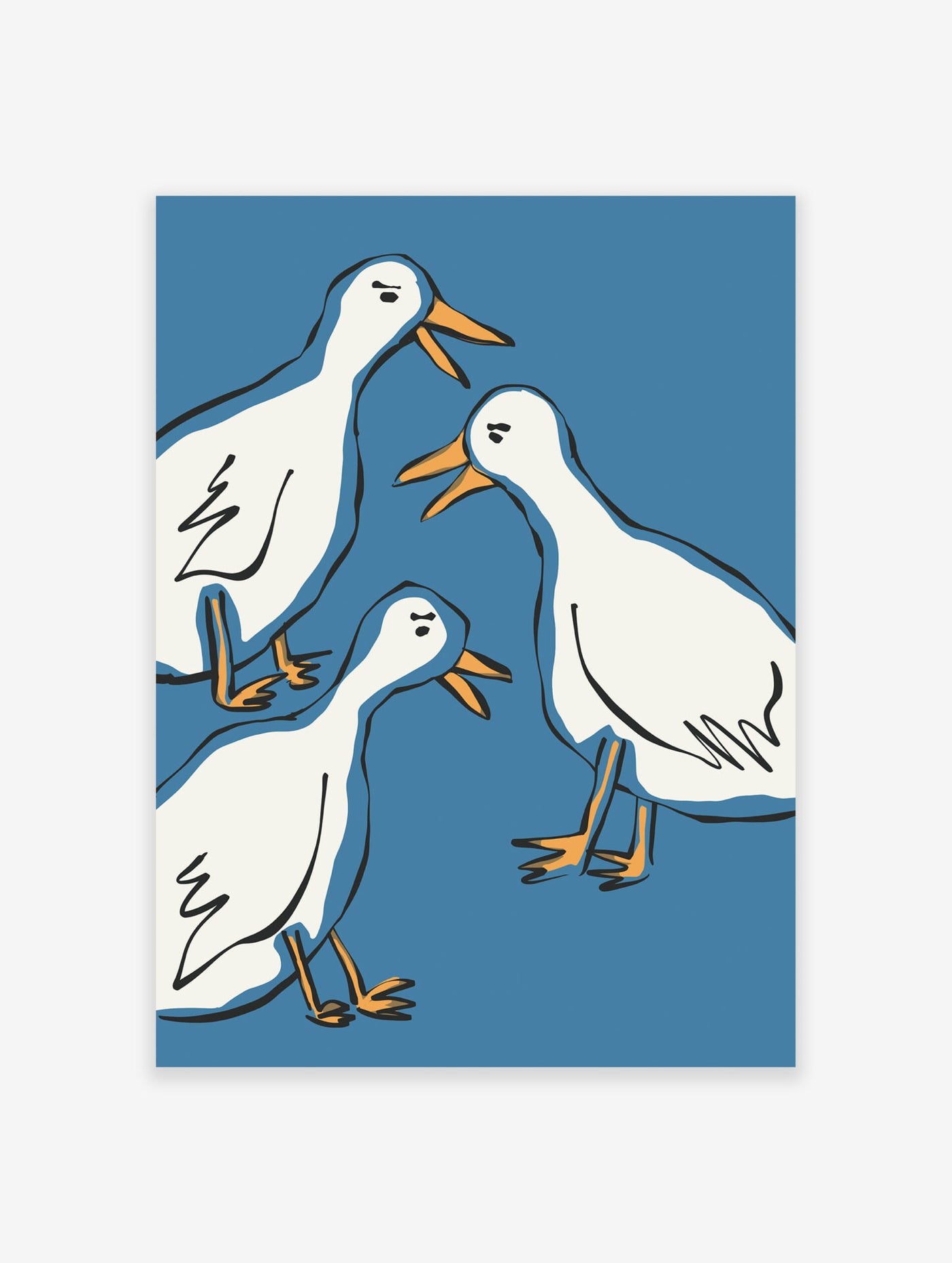 Minimalist art print featuring three white ducks with orange beaks and feet on a solid blue background.