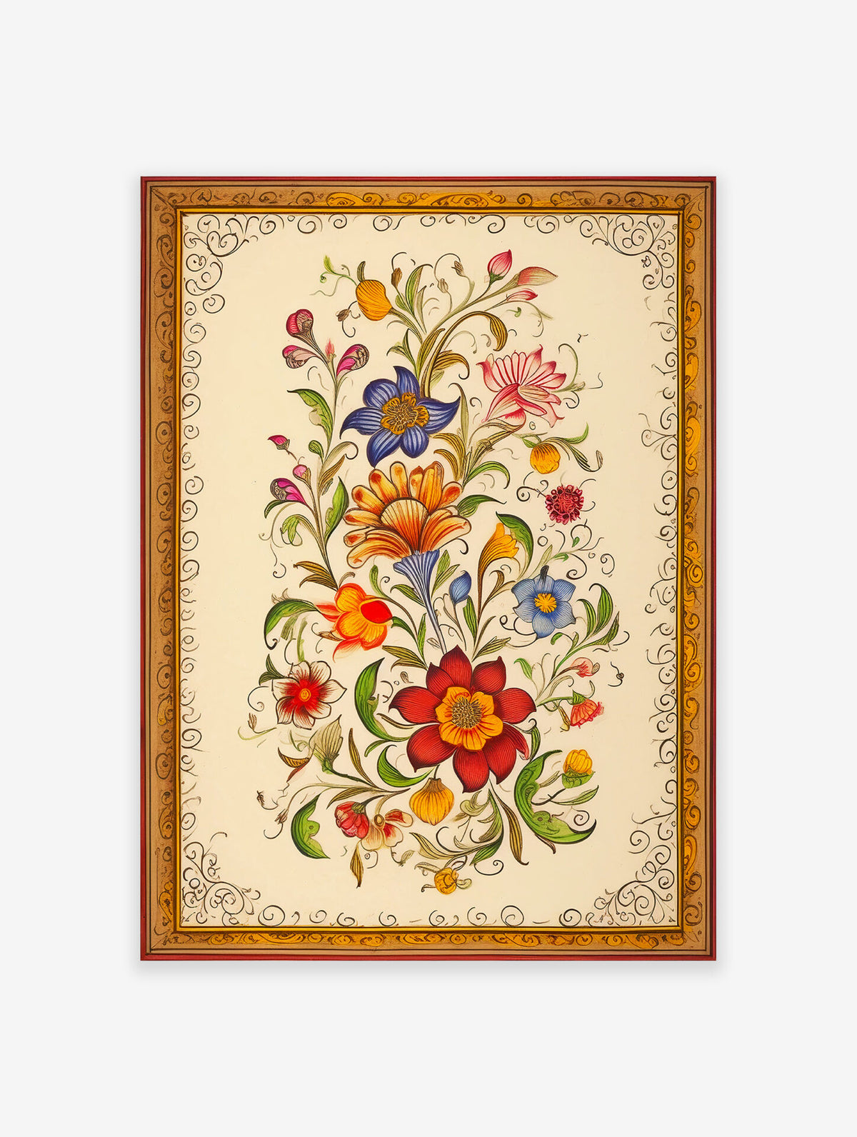 A vertical rectangular artwork featuring a colorful floral bouquet in a traditional Indian style with a decorative border.