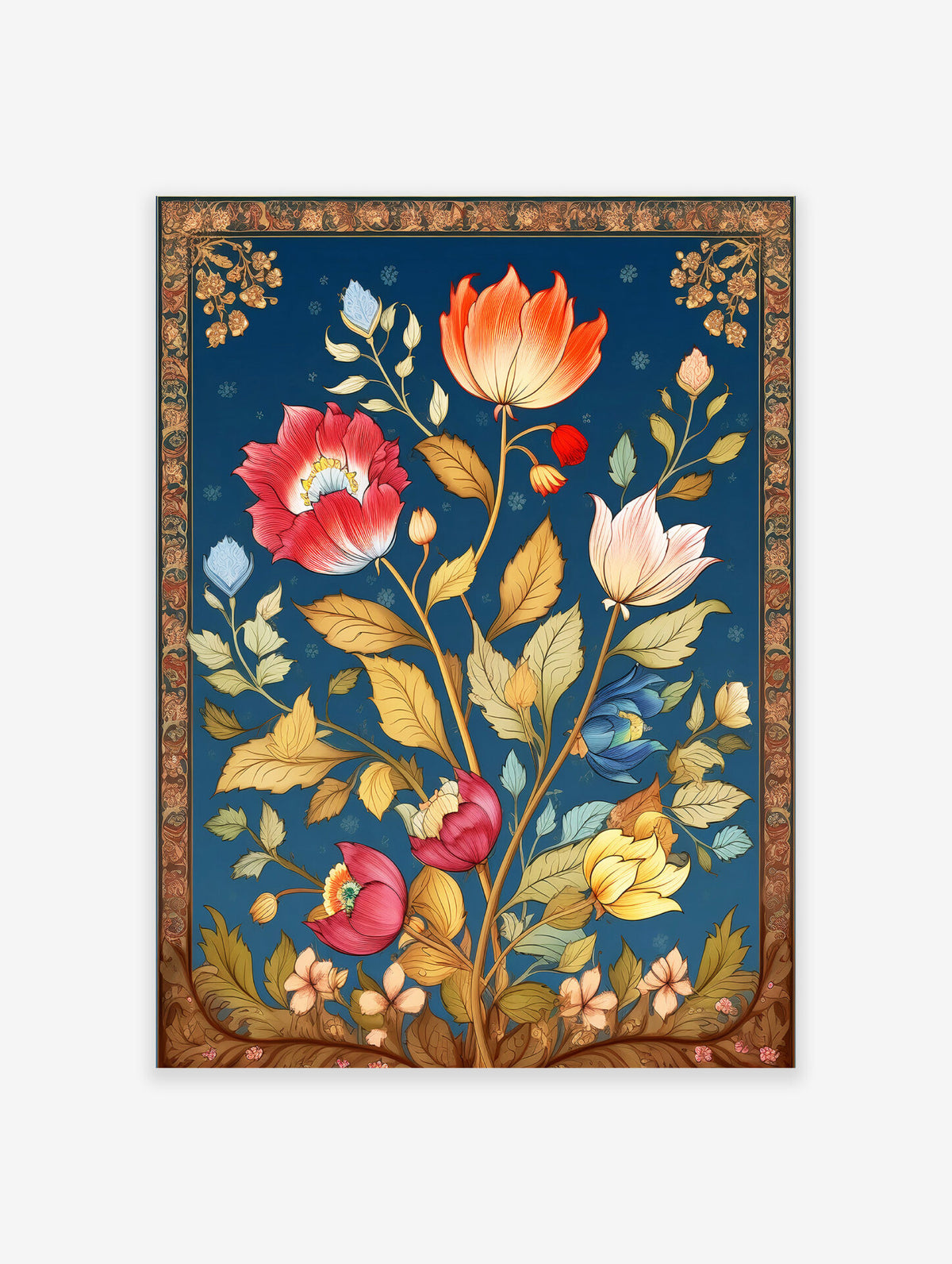 A digital illustration of a vibrant Indian floral arrangement with colorful flowers and leaves on a deep blue background.