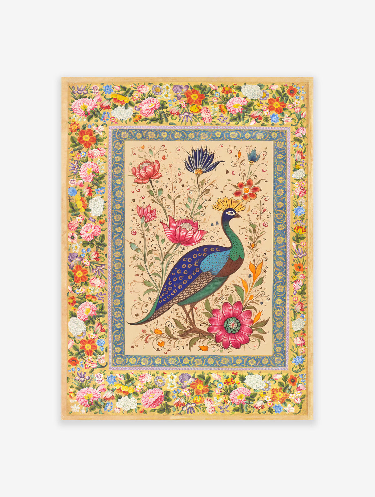 A detailed Indian-style painting of a peacock surrounded by colorful flowers and a decorative floral border.