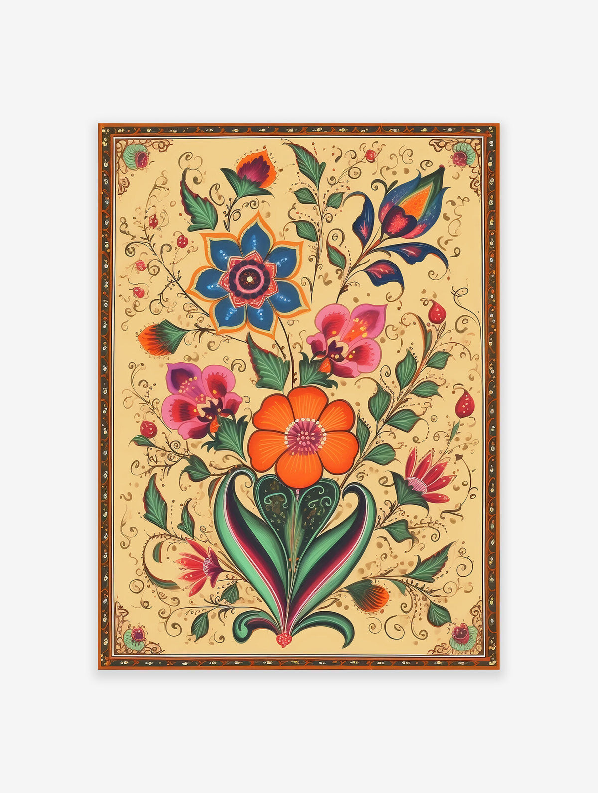 Floral art print with vibrant orange, blue, and pink flowers on a cream background, featuring intricate decorative borders.