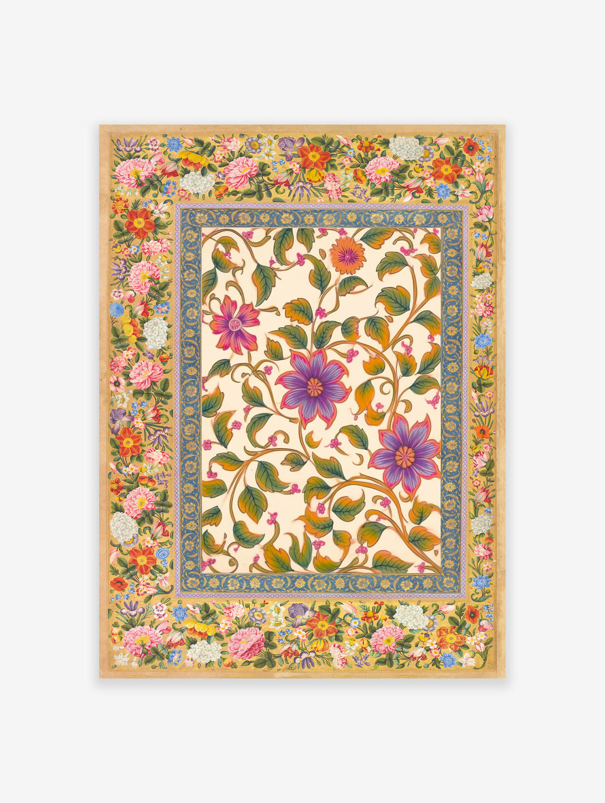 Indian botanical art print featuring a central floral motif with purple flowers and green leaves, surrounded by a floral