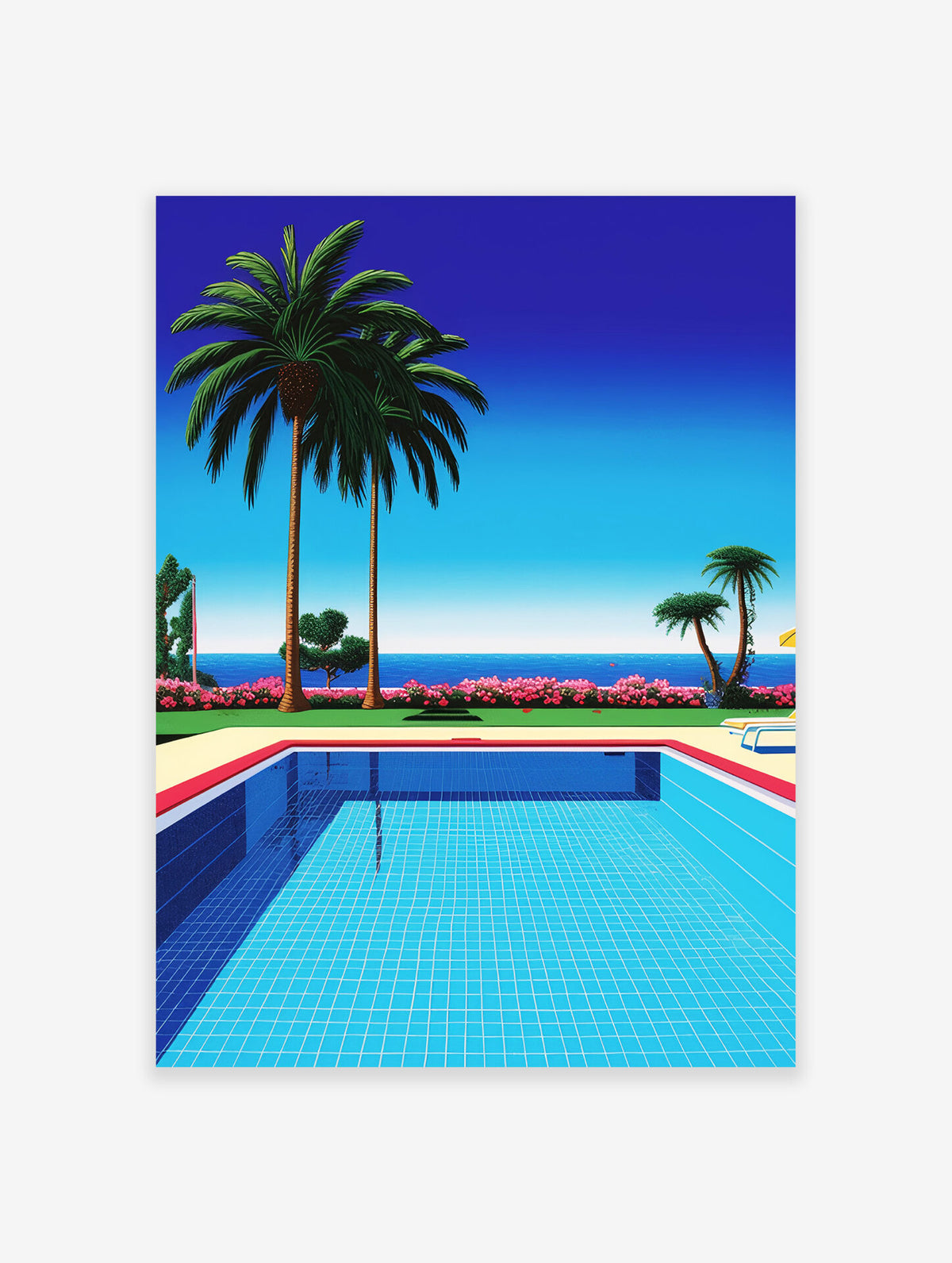 A vibrant art print featuring a blue swimming pool in the foreground, palm trees, pink flowers, and a clear blue sky.