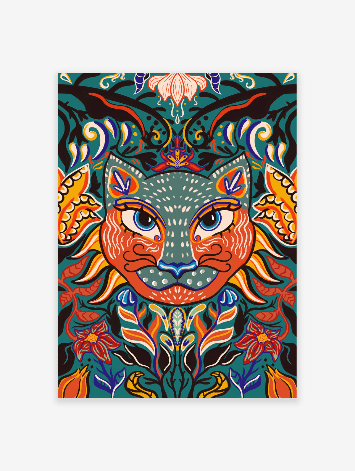 Mexican Floral Cat Poster, Mexican Animal Print