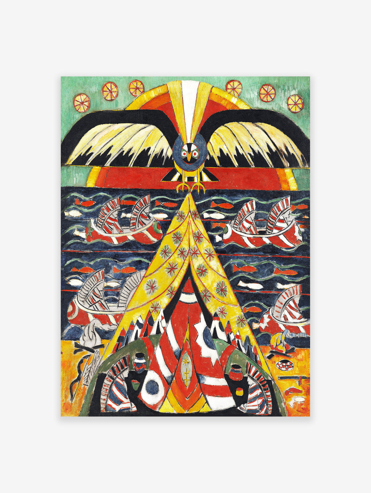 Indian Fantasy by Marsden Hartley print featuring a stylized eagle, boats, and geometric patterns in red, yellow, and blue.