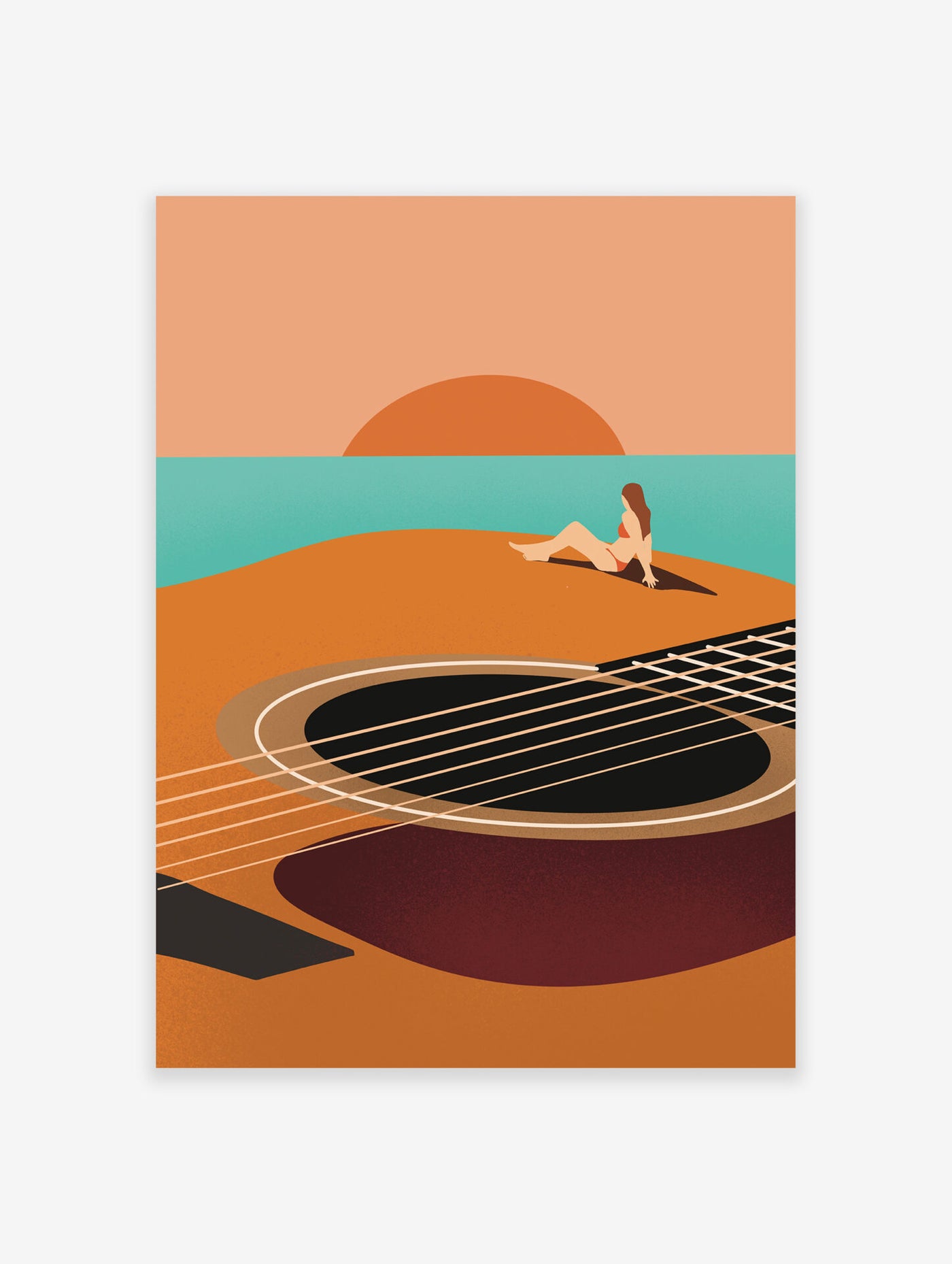 Minimalist art print featuring a woman sunbathing on the body of an acoustic guitar against a sunset and ocean background.